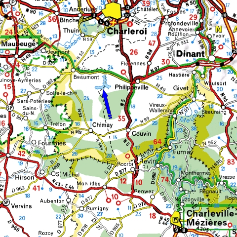  Snipe plan d'eau de l'Eau d'Heure:    carte extraite de ViaMichelin  